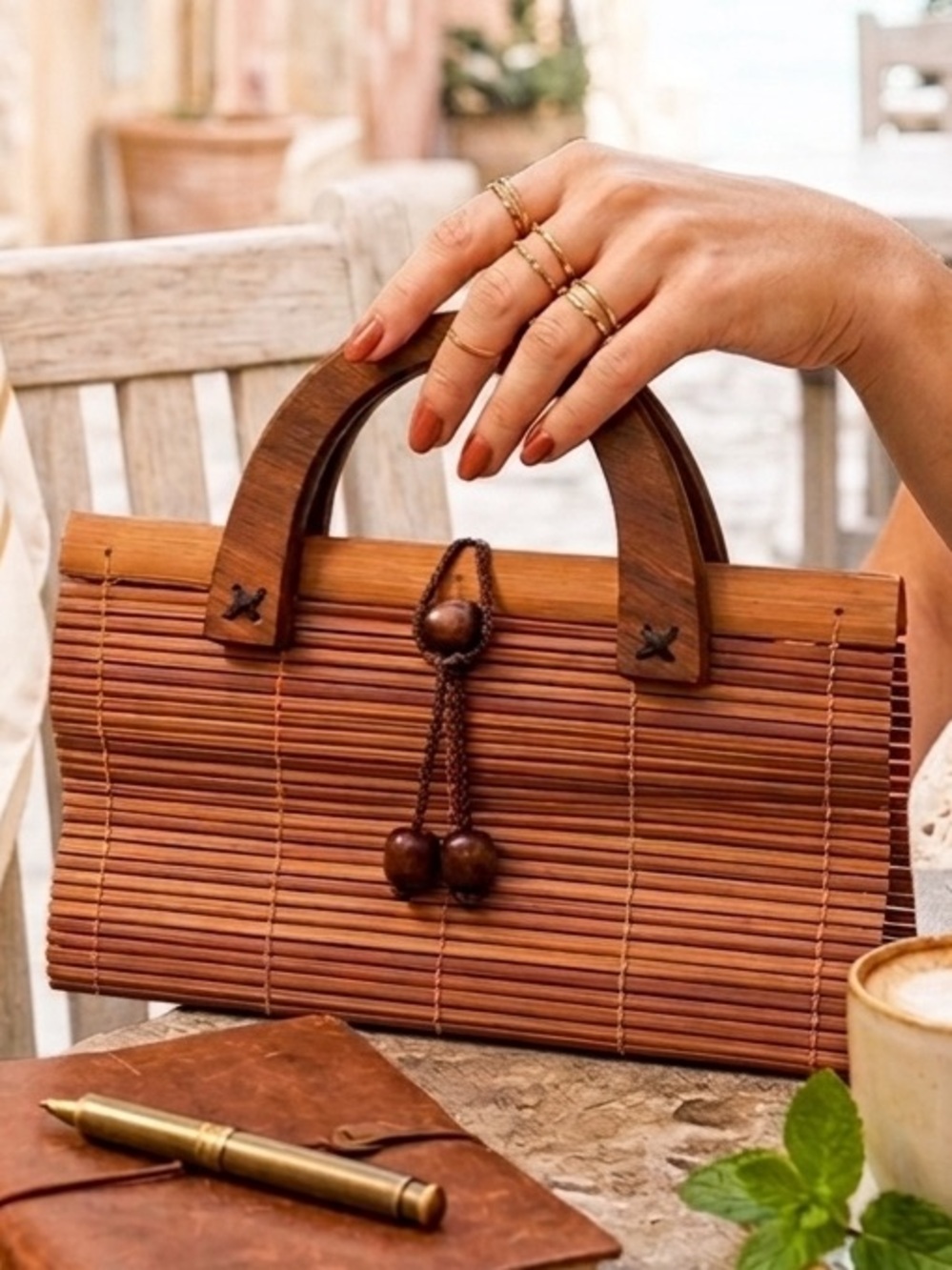 Vintage Bamboo Slatted Handbag Wood Handle Clutch Twee Cottagecore Boho Bag